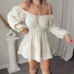 Premium Natural Crinckle Off Shoulder Mini Elbise Tunik