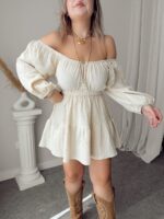 Premium Natural Crinckle Off Shoulder Mini Elbise Tunik