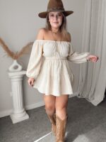 Premium Natural Crinckle Off Shoulder Mini Elbise Tunik - Görsel 2