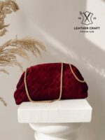 Mona Bordo Premium Hakiki Süet Clutch Zincirli Çanta