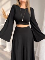 Siyah Premium Patentli Tensel Crop İspanyol Triko Top - Görsel 3