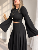 Siyah Premium Patentli Tensel Crop İspanyol Triko Top - Görsel 2