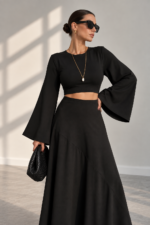 Siyah Premium Patentli Tensel Crop İspanyol Triko Top
