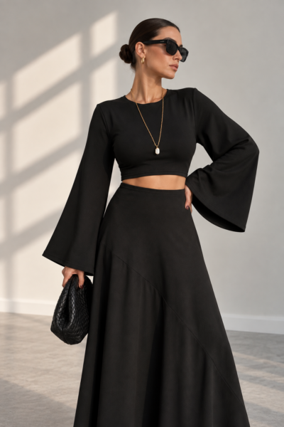 Siyah Premium Patentli Tensel Crop İspanyol Triko Top