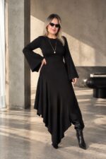 Siyah Premium Patentli Tensel Triko Midi Asimetrik Elbise - Görsel 2
