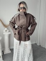 Kahve Kaşe Oversize Kısa Kaban - Görsel 4