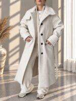 Ekru Premium Dik Yaka Oversize Kaban - Görsel 5