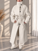 Ekru Premium Dik Yaka Oversize Kaban - Görsel 4